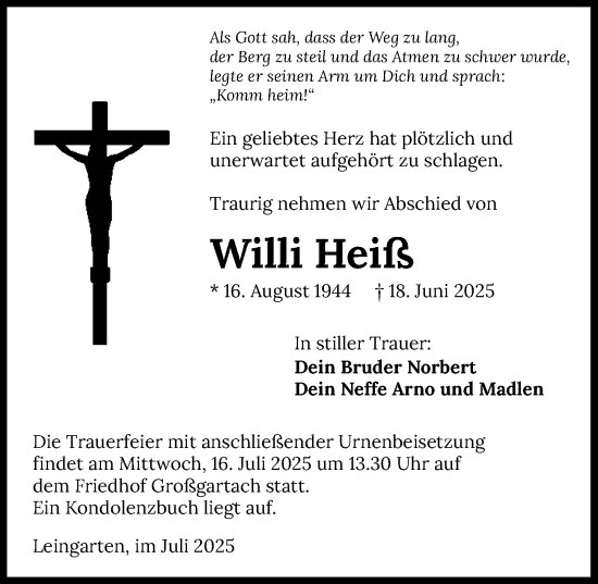 Traueranzeige von Willi Heiß von GESAMT