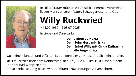 Traueranzeige von Willy Ruckwied von GESAMT