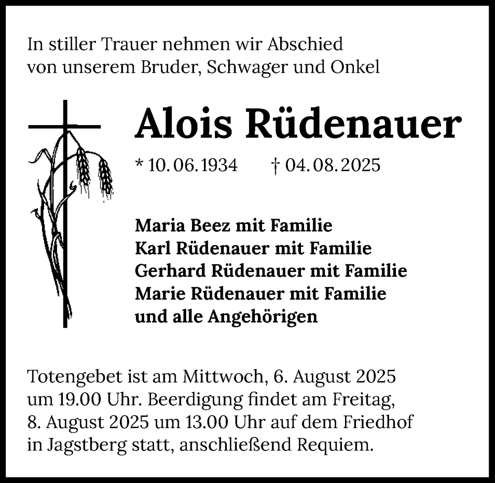  Traueranzeige für Alois Rüdenauer vom 06.08.2025 aus GESAMT