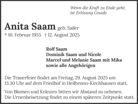 Traueranzeige von Anita Saam von GESAMT