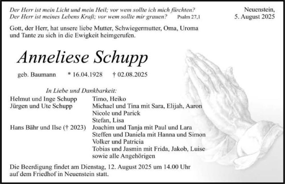  Traueranzeige für Anneliese Schupp vom 05.08.2025 aus GESAMT