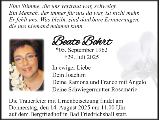 Traueranzeige von Beate Bohrt von GESAMT