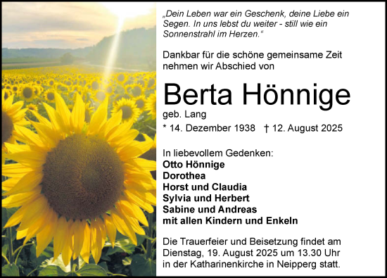 Traueranzeige von Berta Hönnige von GESAMT