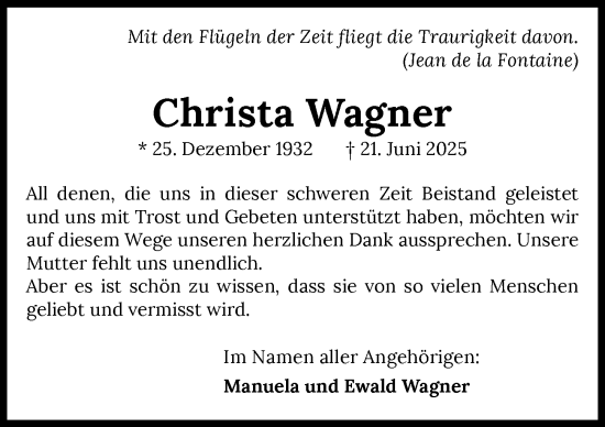 Traueranzeige von Christa Wagner von GESAMT
