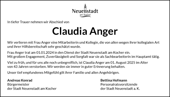 Traueranzeige von Claudia Anger von GESAMT