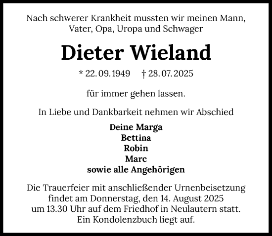 Traueranzeige von Dieter Wieland von GESAMT