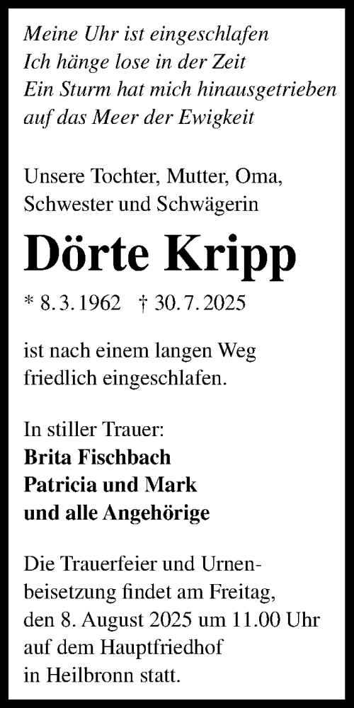  Traueranzeige für Dörte Kripp vom 02.08.2025 aus GESAMT