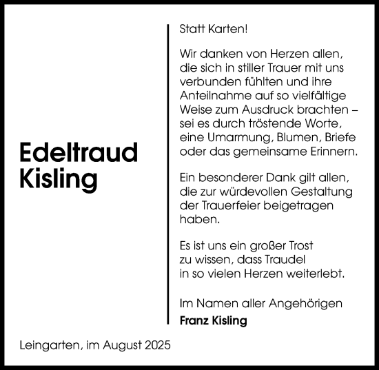 Traueranzeige von Edeltraud Kisling von GESAMT