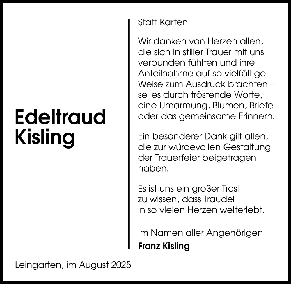  Traueranzeige für Edeltraud Kisling vom 23.08.2025 aus GESAMT