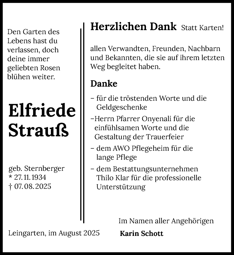  Traueranzeige für Elfriede Strauß vom 30.08.2025 aus GESAMT