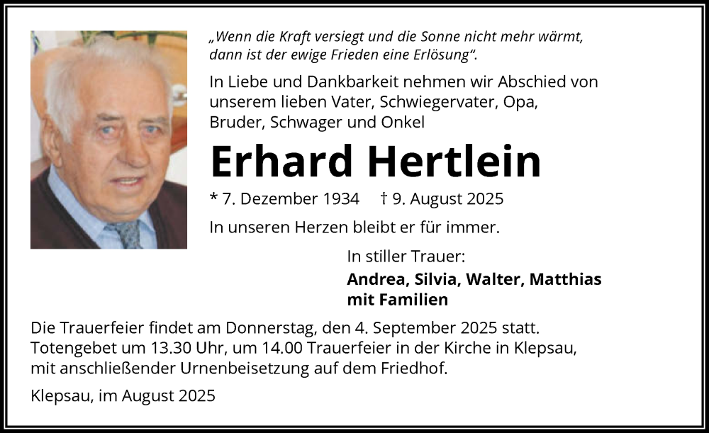  Traueranzeige für Erhard Hertlein vom 16.08.2025 aus GESAMT