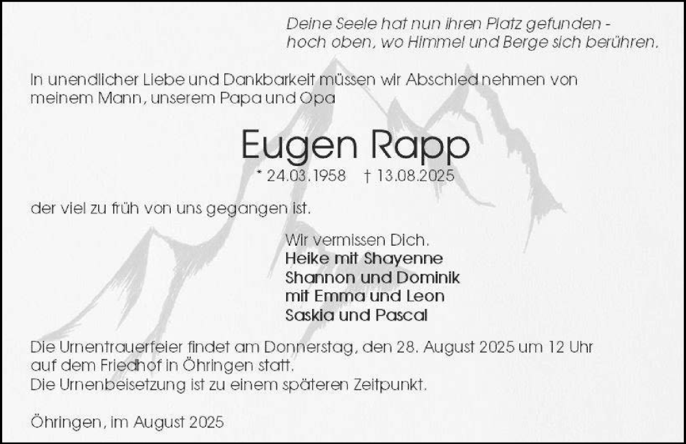  Traueranzeige für Eugen Rapp vom 23.08.2025 aus GESAMT