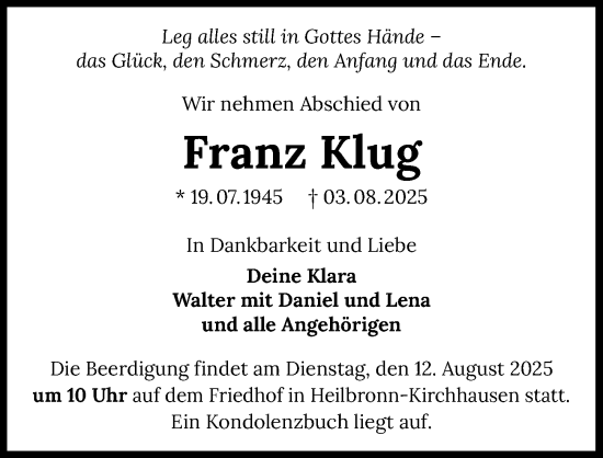 Traueranzeige von Franz Klug von GESAMT