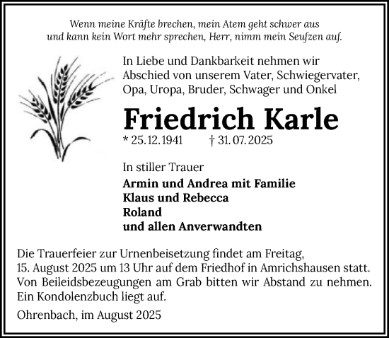 Traueranzeige von Friedrich Karle von GESAMT