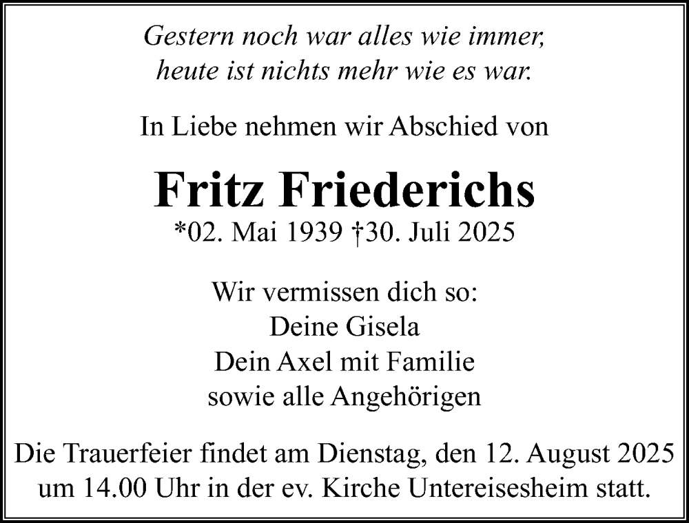  Traueranzeige für Fritz Friederichs vom 09.08.2025 aus GESAMT