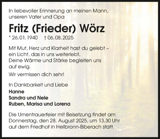 Traueranzeige von Fritz Wörz von GESAMT