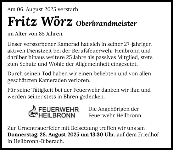 Traueranzeige von Fritz Wörz von GESAMT