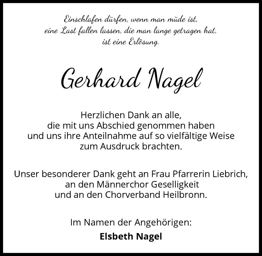  Traueranzeige für Gerhard Nagel vom 16.08.2025 aus GESAMT