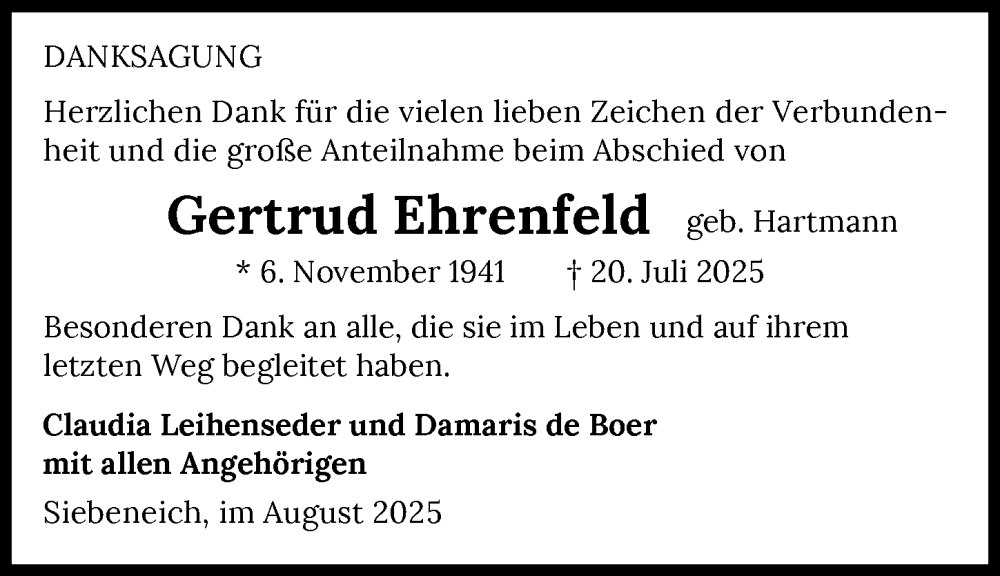  Traueranzeige für Gertrud Ehrenfeld vom 16.08.2025 aus GESAMT