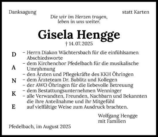 Traueranzeige von Gisela Hengge von GESAMT