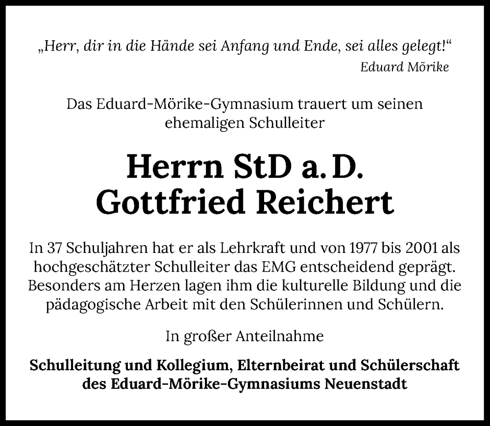  Traueranzeige für Gottfried Reichert vom 12.08.2025 aus GESAMT