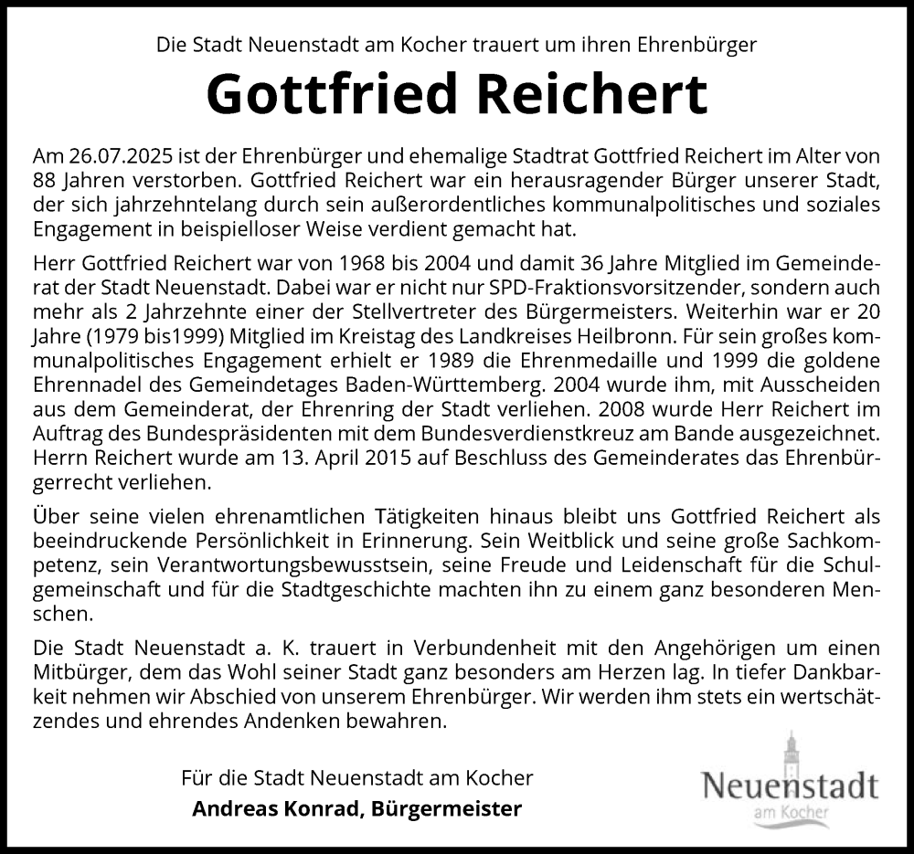  Traueranzeige für Gottfried Reichert vom 09.08.2025 aus GESAMT