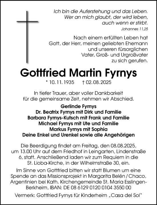 Traueranzeige von Gottfried Martin Fyrnys von GESAMT