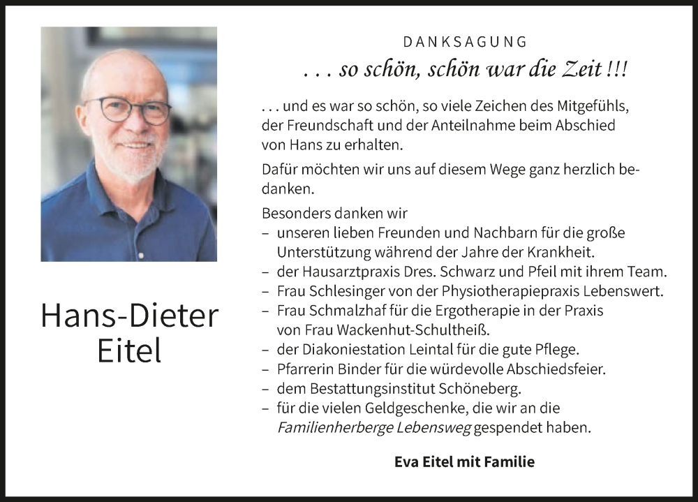 Traueranzeige für Hans-Dieter Eitel vom 08.08.2025 aus GESAMT