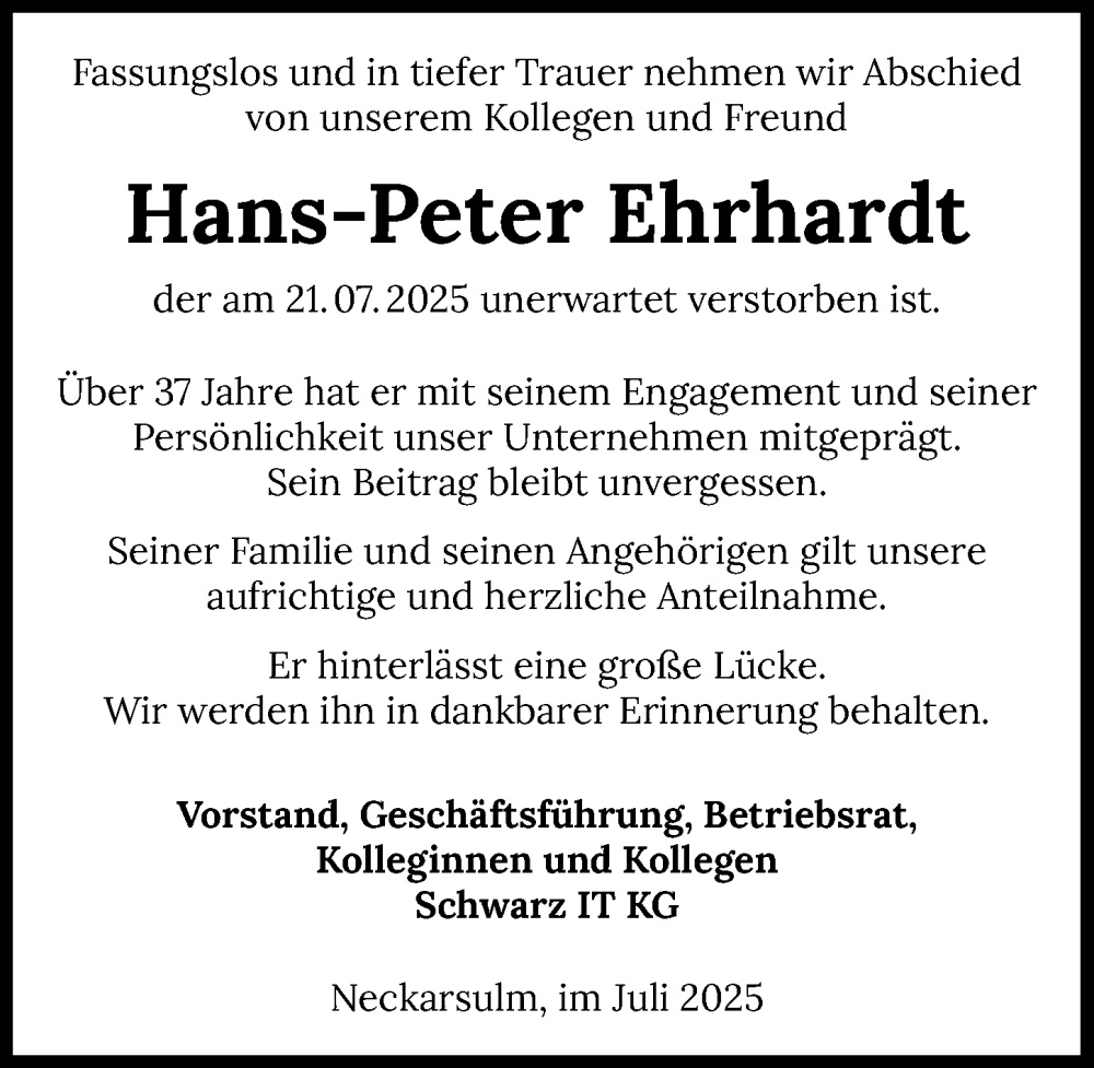  Traueranzeige für Hans-Peter Ehrhardt vom 02.08.2025 aus GESAMT