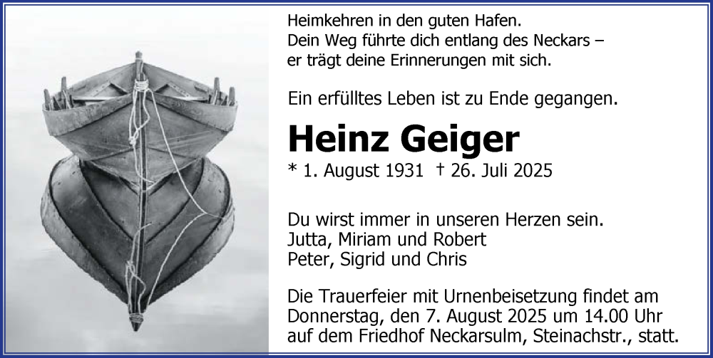  Traueranzeige für Heinz Geiger vom 02.08.2025 aus GESAMT