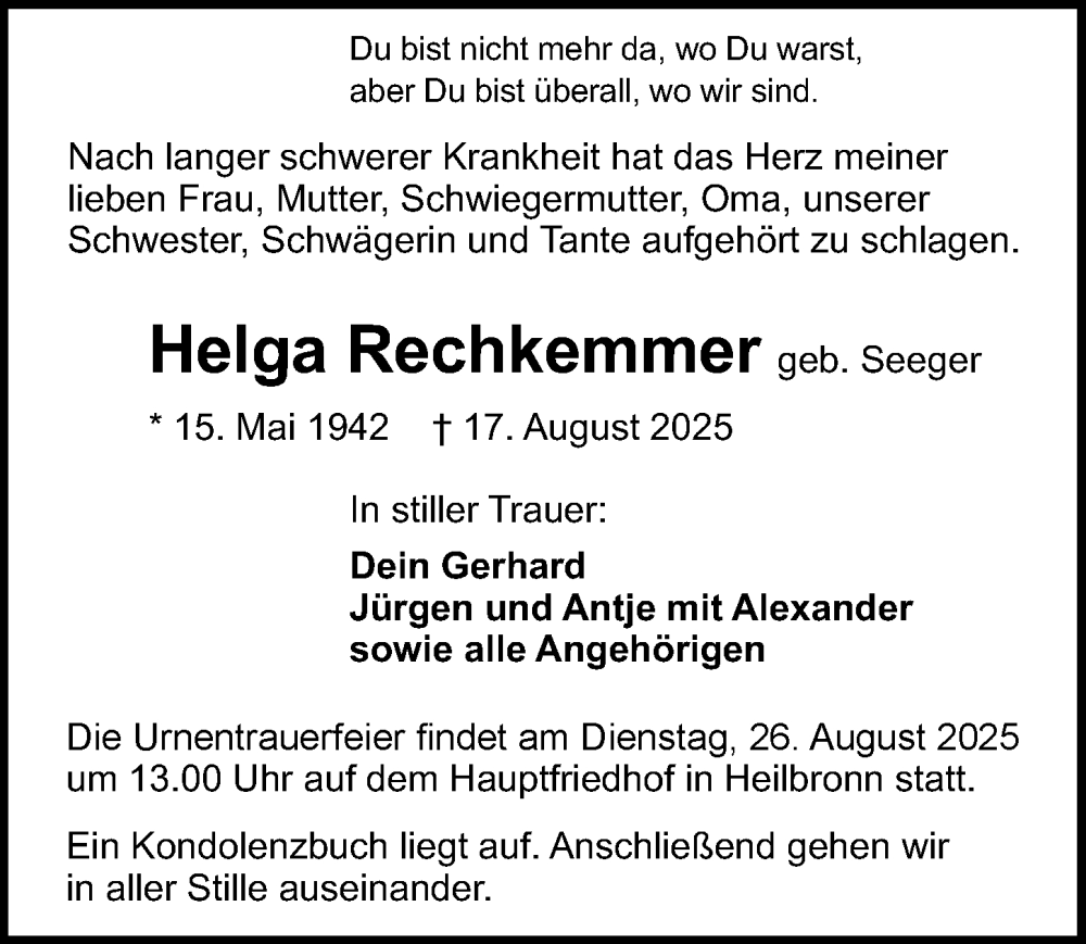  Traueranzeige für Helga Rechkemmer vom 23.08.2025 aus GESAMT