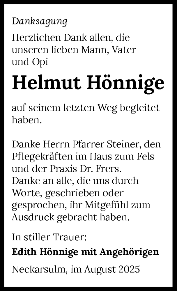  Traueranzeige für Helmut Hönnige vom 23.08.2025 aus GESAMT