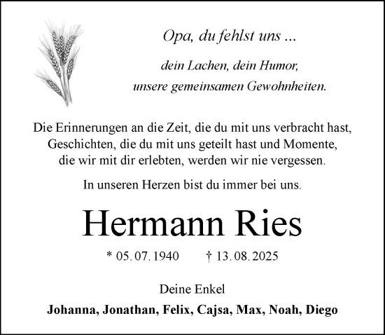 Traueranzeige von Hermann Ries von GESAMT