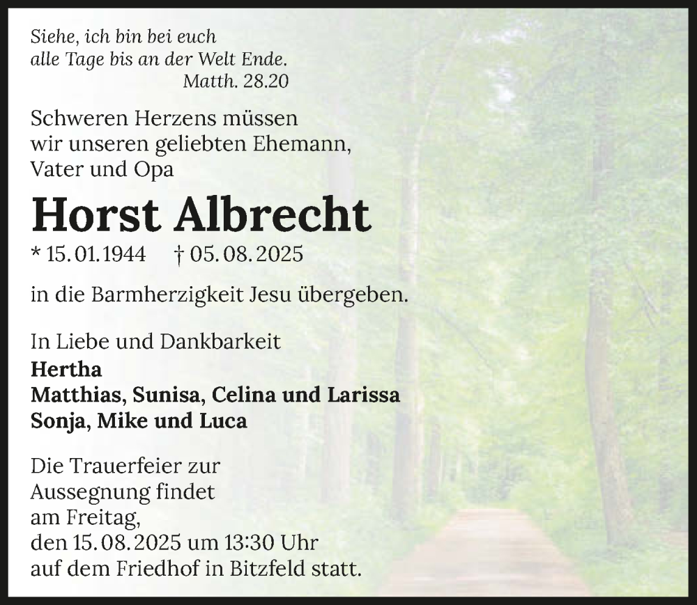 Traueranzeige für Horst Albrecht vom 09.08.2025 aus GESAMT