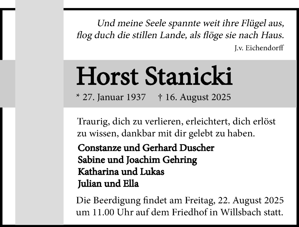  Traueranzeige für Horst Stanicki vom 20.08.2025 aus GESAMT