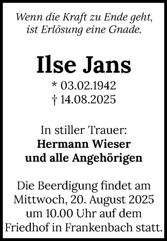 Traueranzeige von Ilse Jans von GESAMT