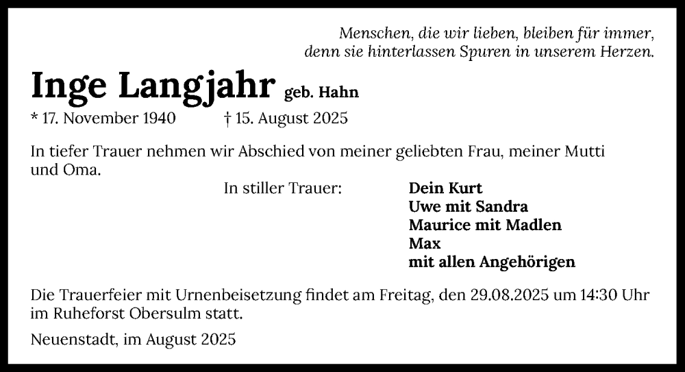  Traueranzeige für Inge Langjahr vom 23.08.2025 aus GESAMT