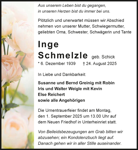 Traueranzeige von Inge Schmelzle von GESAMT