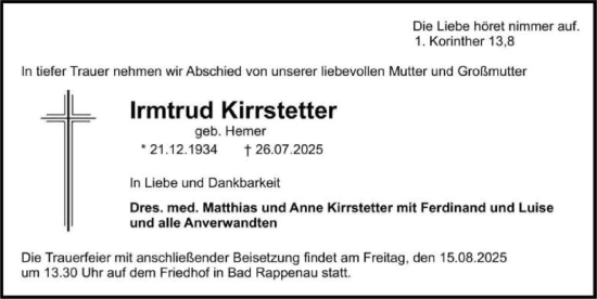 Traueranzeige von Irmtrud Kirrstetter von GESAMT