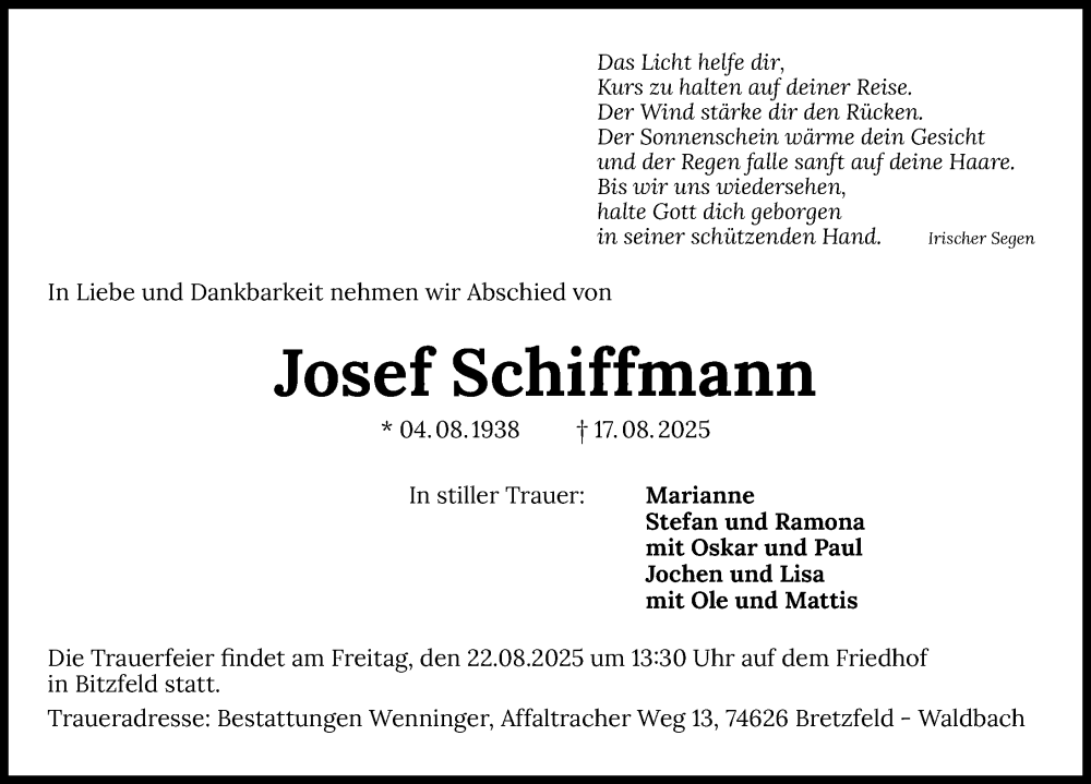  Traueranzeige für Josef Schiffmann vom 20.08.2025 aus GESAMT