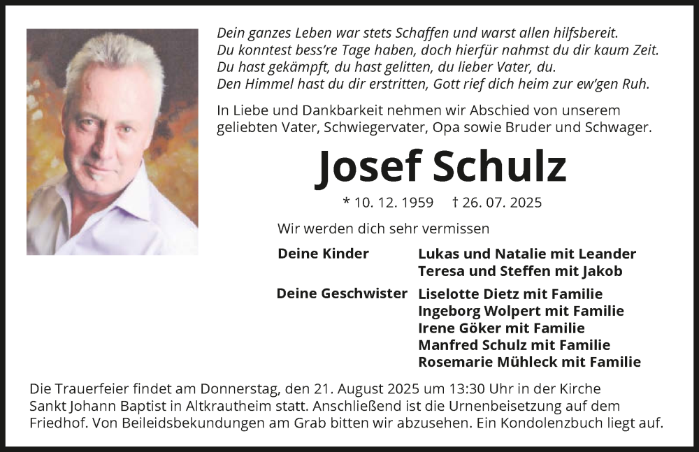  Traueranzeige für Josef Schulz vom 09.08.2025 aus GESAMT