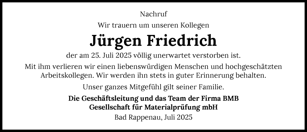  Traueranzeige für Jürgen Friedrich vom 02.08.2025 aus GESAMT