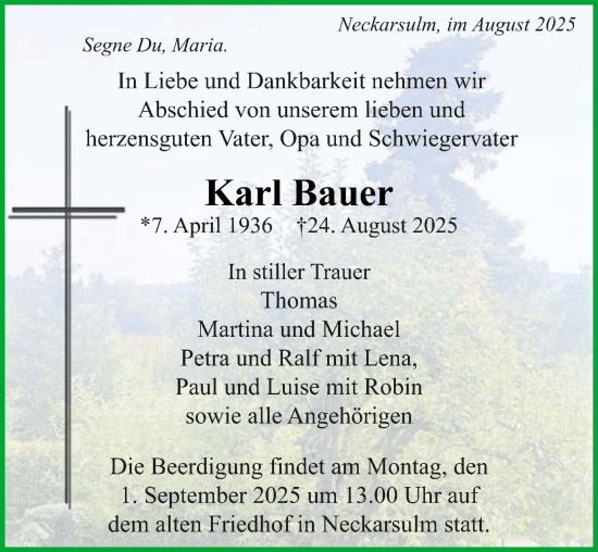 Traueranzeige von Karl Bauer von GESAMT