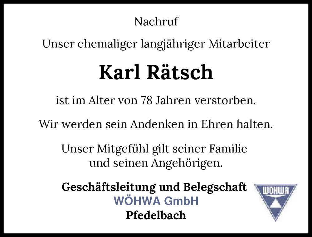  Traueranzeige für Karl Rätsch vom 12.08.2025 aus GESAMT