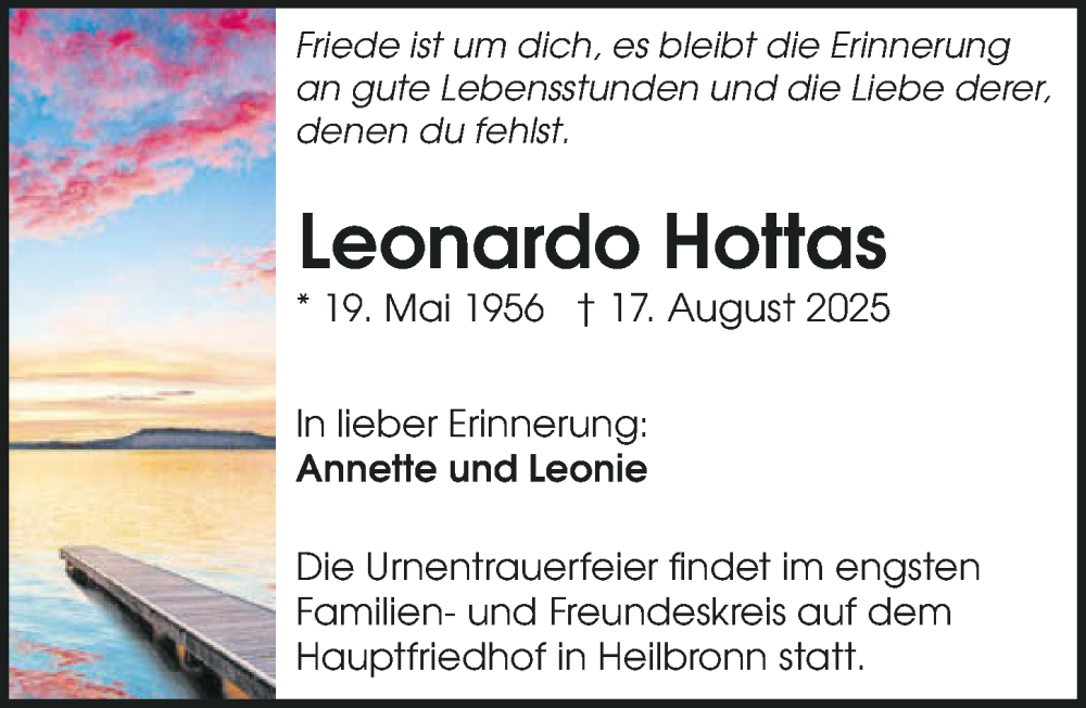  Traueranzeige für Leonardo Hottas vom 27.08.2025 aus GESAMT