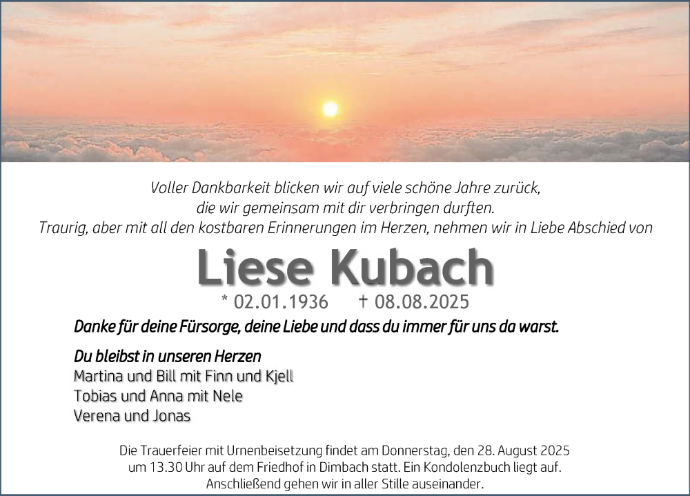  Traueranzeige für Liese Kubach vom 23.08.2025 aus GESAMT