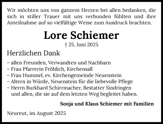 Traueranzeige von Lore Schiemer von GESAMT