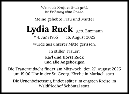 Traueranzeige von Lydia Ruck von GESAMT