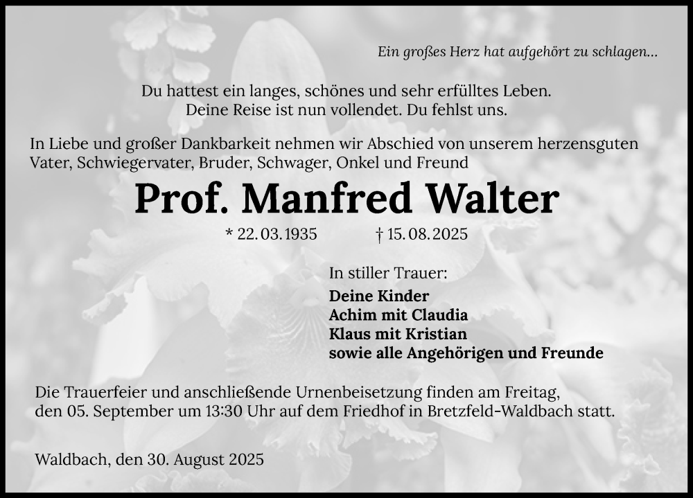  Traueranzeige für Manfred Walter vom 30.08.2025 aus GESAMT