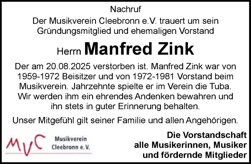  Traueranzeige für Manfred Zink vom 23.08.2025 aus GESAMT